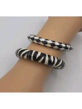 Vtg Hinged Black & White Enameled Zebra Clamper Bracelet Silver Tone Set of 2